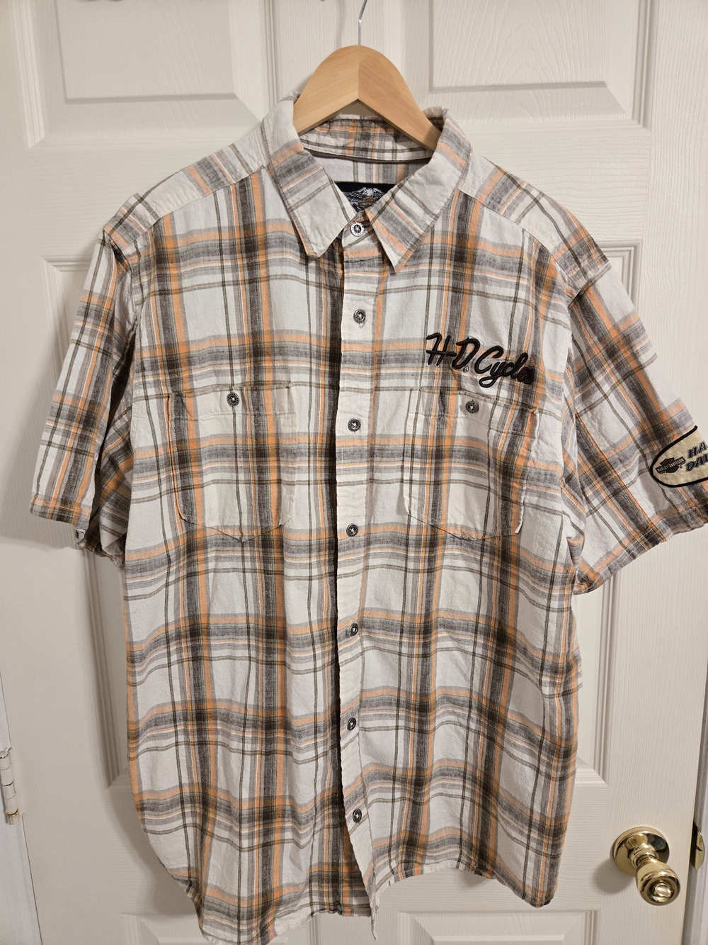 Harley Davidson Men’s Plaid Button-Down Shirt White & Orange Size XL